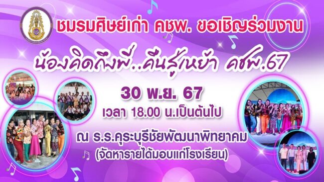 ชมรมศิษยเก่าโรงเรียนคุระบุรีชัยพัฒนาพิทยาคม(คชพ.)จัดงานพบปะสังสรรค์ศิษย์เก่า คชพ.ทุกรุ่น ภายใต้ชื่อ “น้องคิดถึงพี่..คืนสู่เหย้า คชพ.ปี 67”